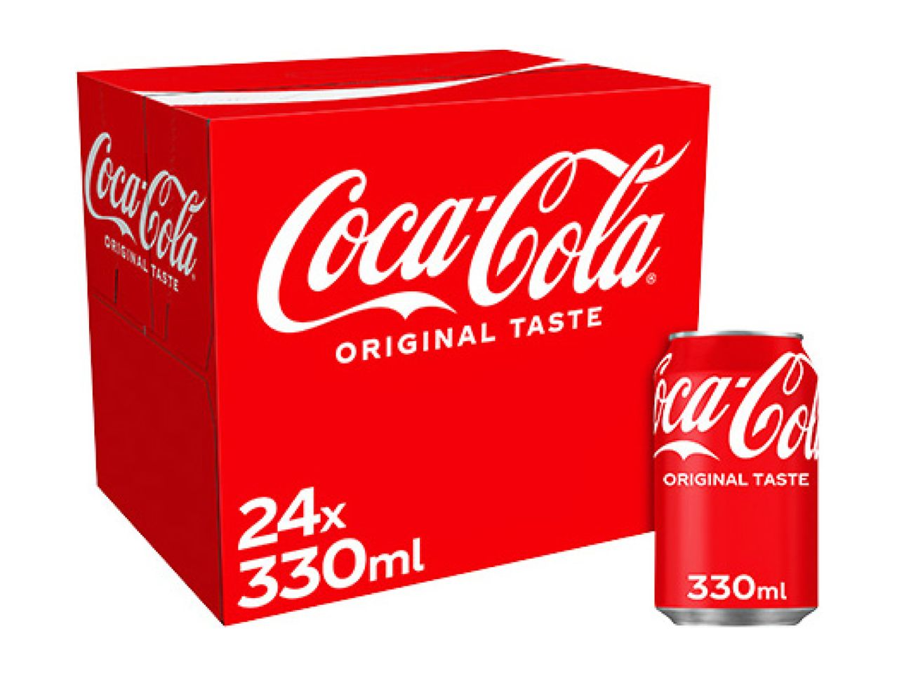 A 24-pack of 330ml cola cans and a single can, both with 'Original Taste' label.