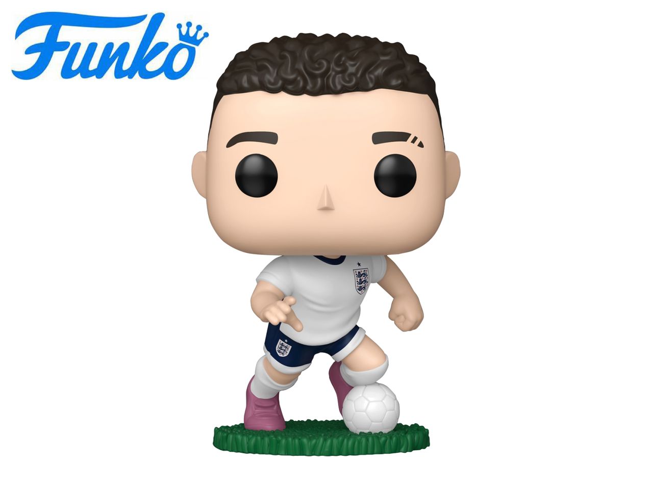 Football player collectible figure in a white and blue uniform, dribbling a soccer ball.