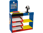 Playtive Wooden Lidl Supermarket toy with shelves of groceries, a checkout, and a paper bag.