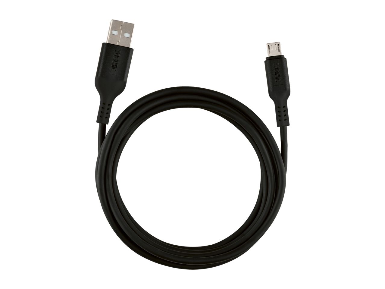 Black USB-A to Micro-USB charging and data cable, coiled in a circle.