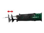 Reciprocating saw with an adjustable shoe plate and a saw blade for wood.
