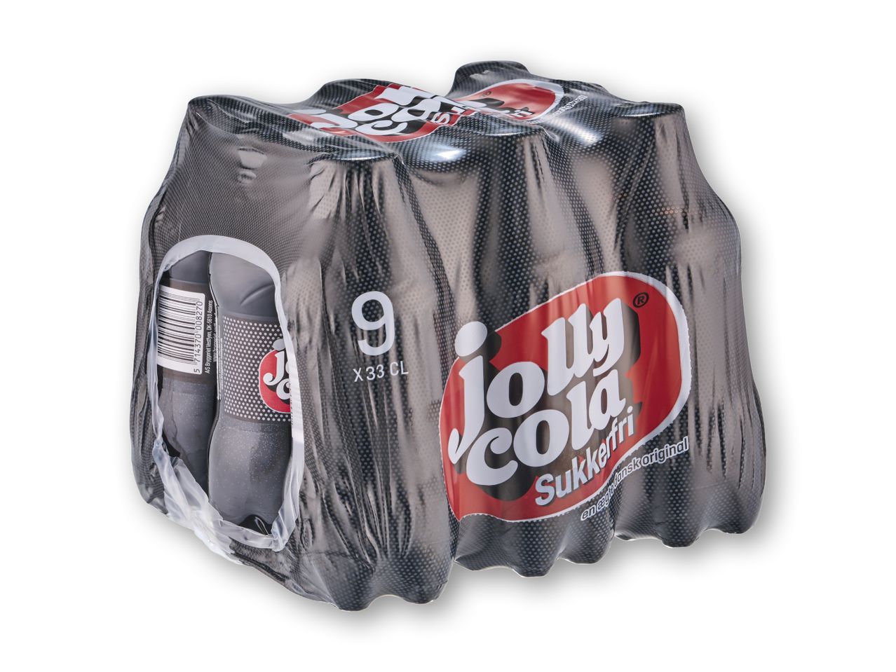 En pakke med ni Jolly Cola Sukkerfri-flasker indpakket i sort plastik.