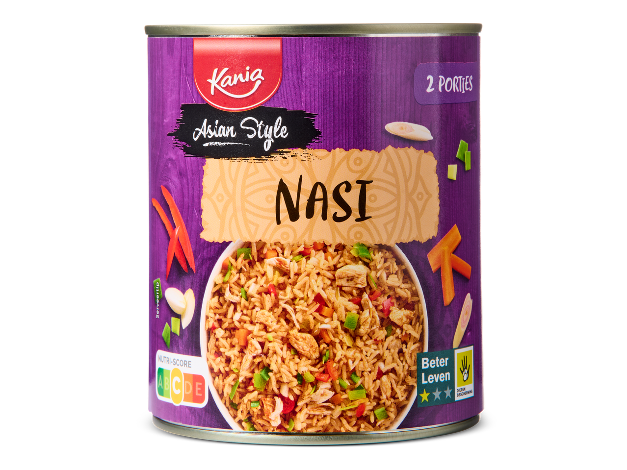 Blik Aziatische nasi met Nutri-Score A en 2 sterren Beter Leven keurmerk