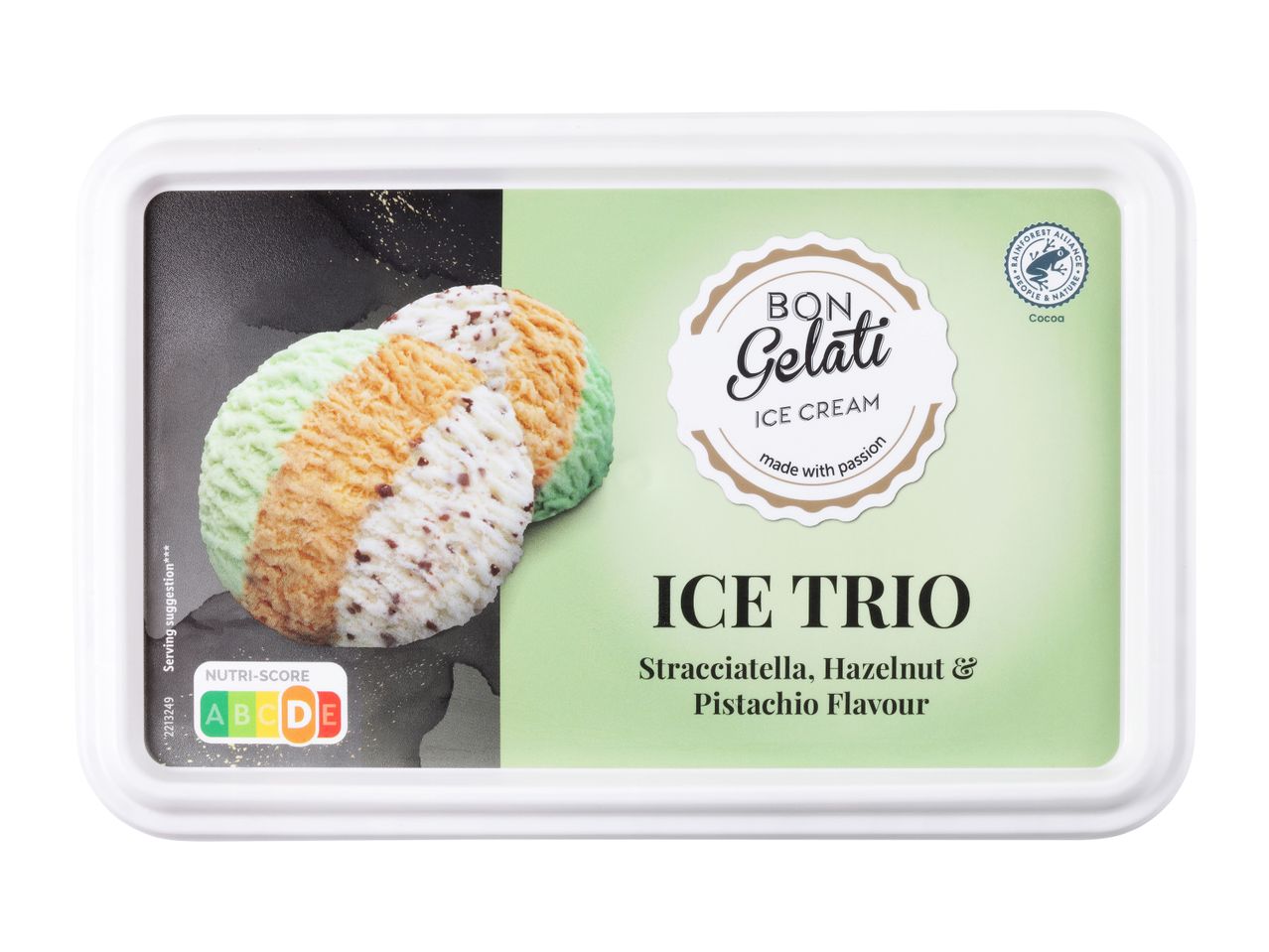 Paket sladoleda Bon Gelati Ice Trio s stracciatello, lešnikom in pistacijo.
