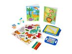 A collection of children's activity items including coloring books, stickers, a mini Rubik's cube, pencils, and drawing boards.
