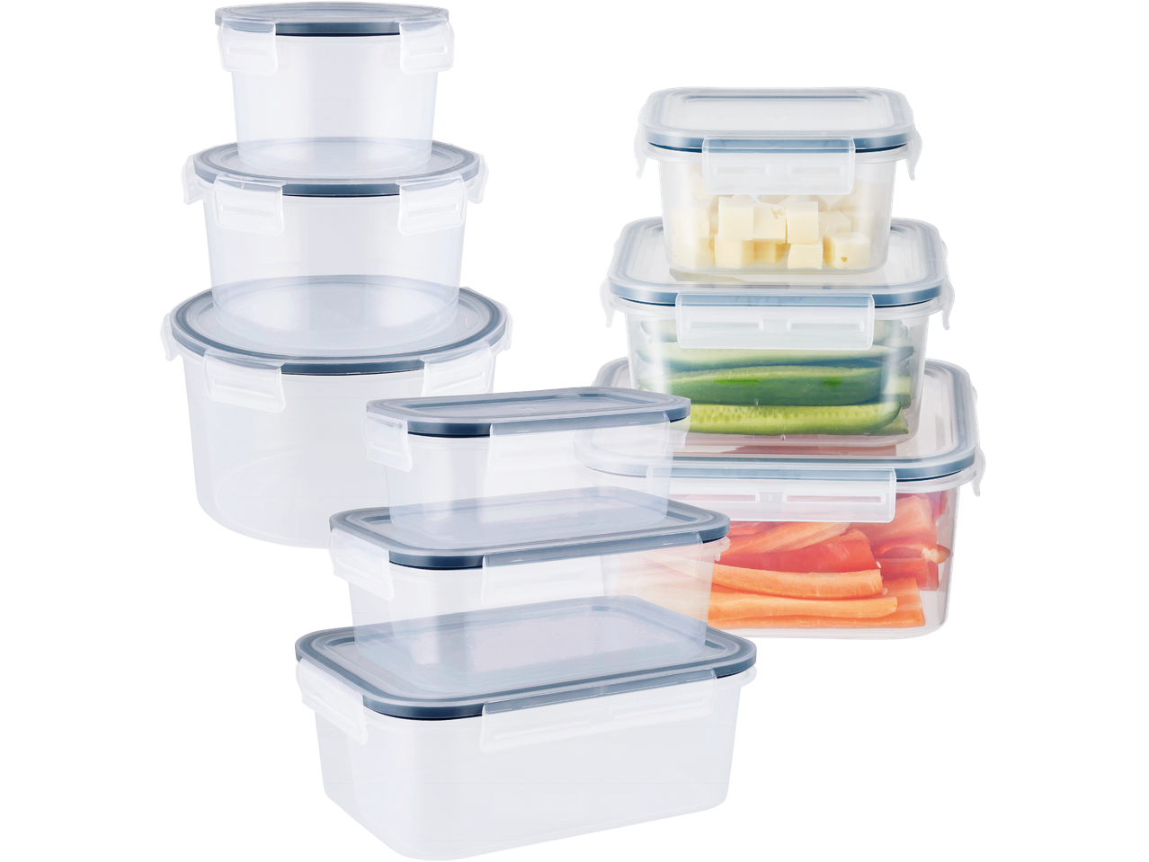 Ett set med praktiska, stapelbara plastmatlådor.