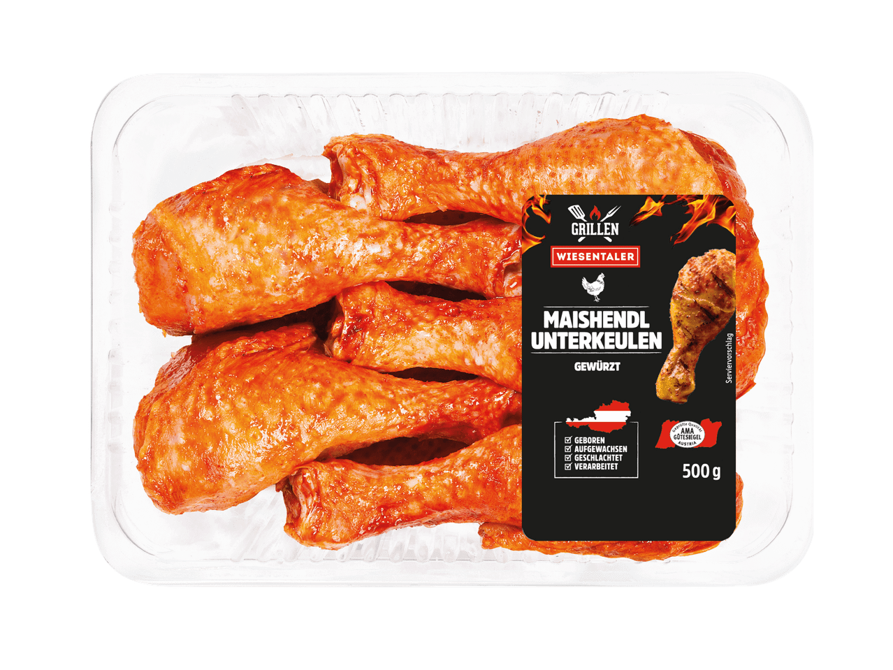 Gewürzte Maishähnchen-Unterkeulen in einer transparenten Verpackung, 500g.