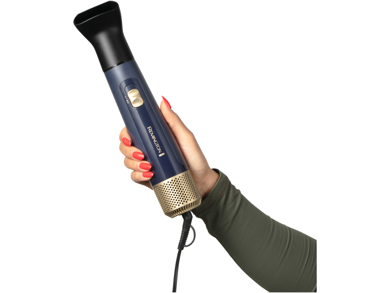 A person holding a blue and gold hair dryer brush with red nail polish.