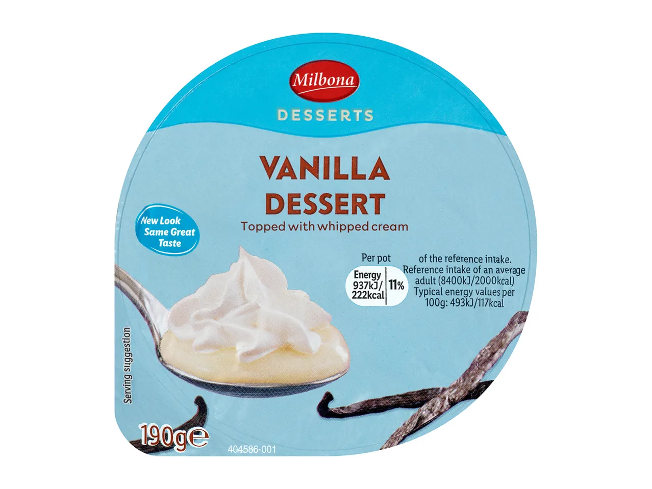 Milbona vanilla dessert topped with whipped cream.