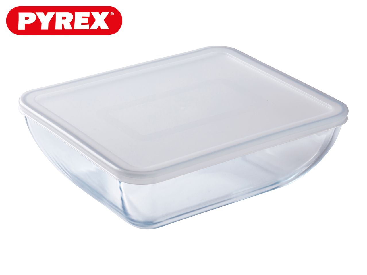Rectangular glass food storage container with a translucent white lid.