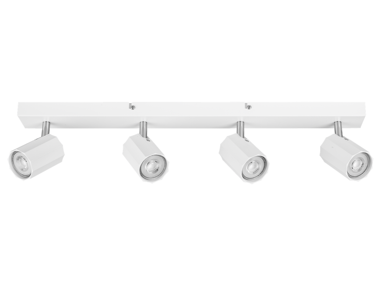 Spot de plafond linéaire blanc avec quatre têtes réglables.