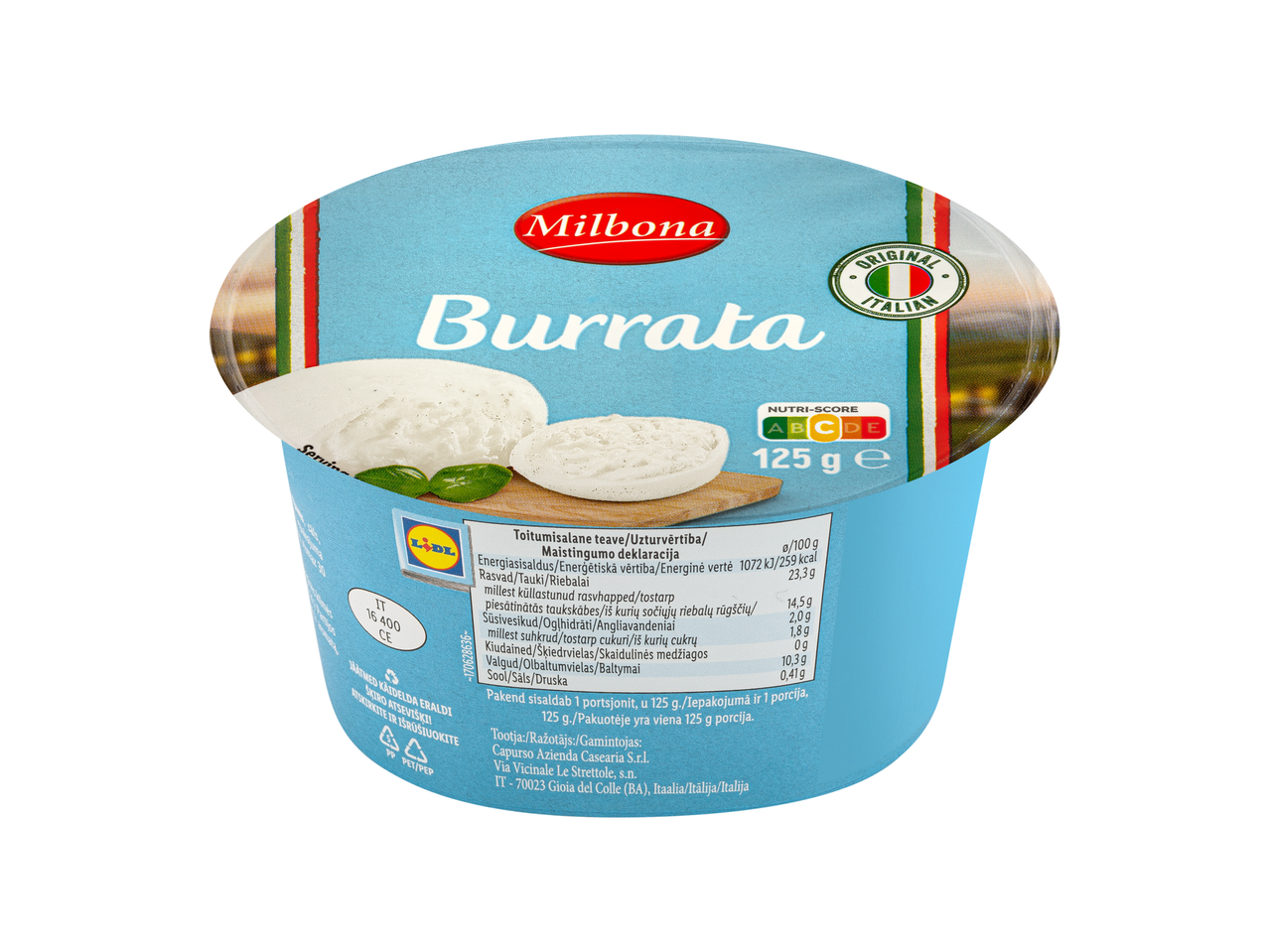 Milbona Burrata sūris, itališkas, individualioje pakuotėje.