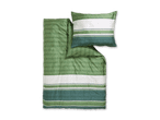 Grüne Bettwäsche mit geometrischem Muster und passendem Kissen.
