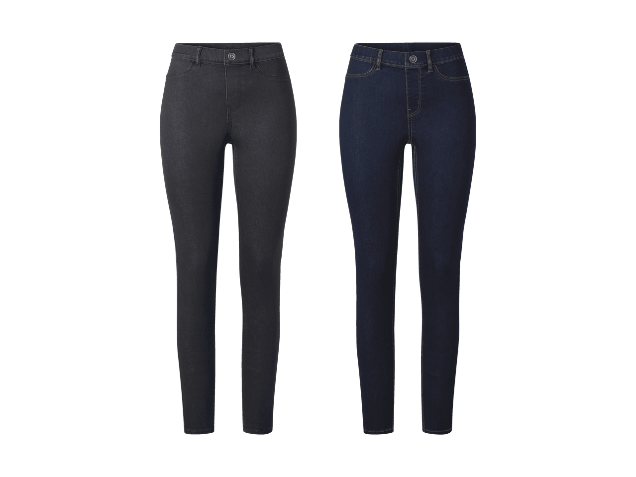 Zwei Paar Skinny Jeans für Damen, eine dunkelgraue und eine dunkelblaue.