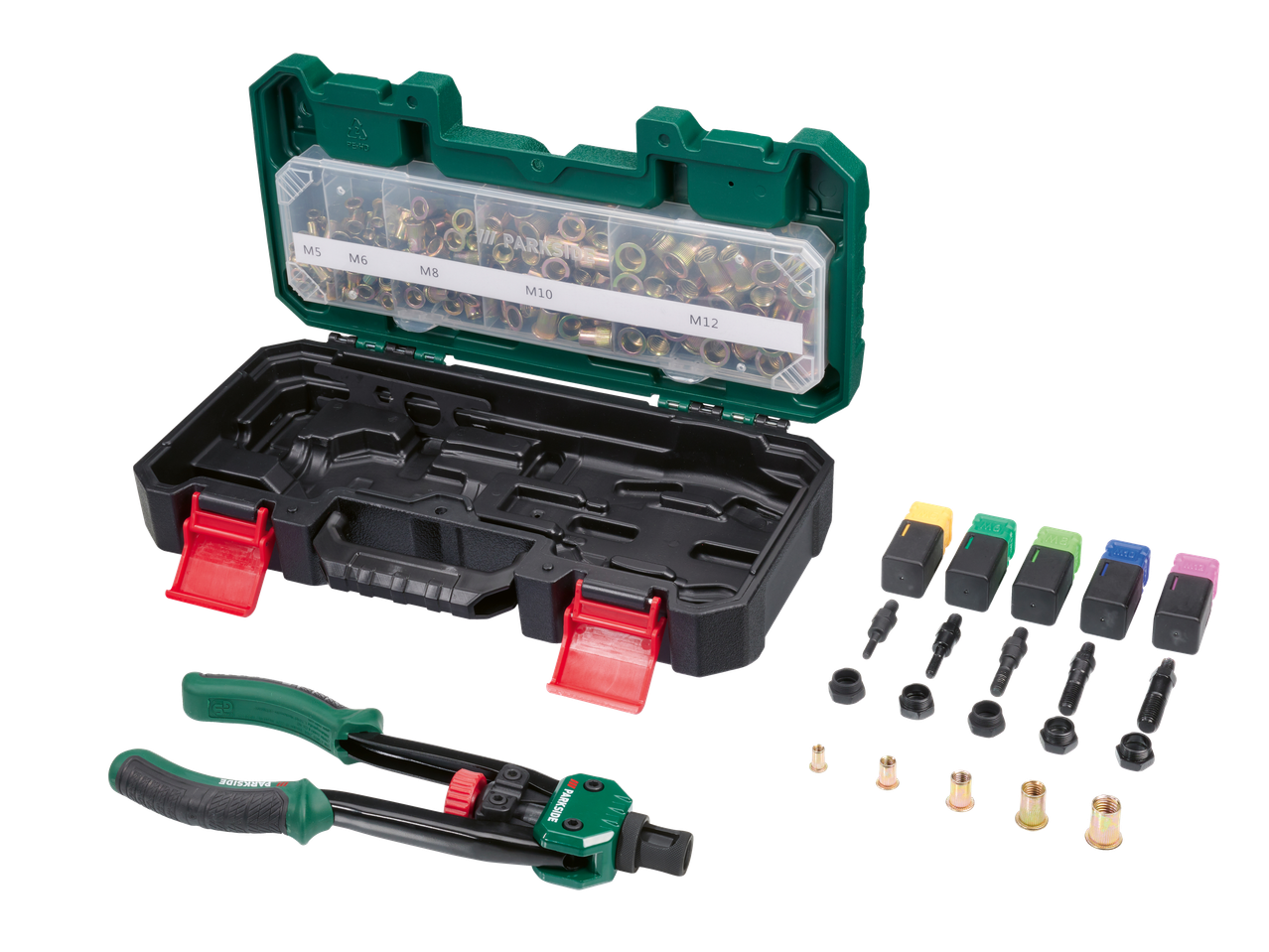 Kniedēšanas instrumentu komplekts ar kniedēm M5, M6, M8, M10, M12 un piederumiem, zaļā un melnā krāsā.