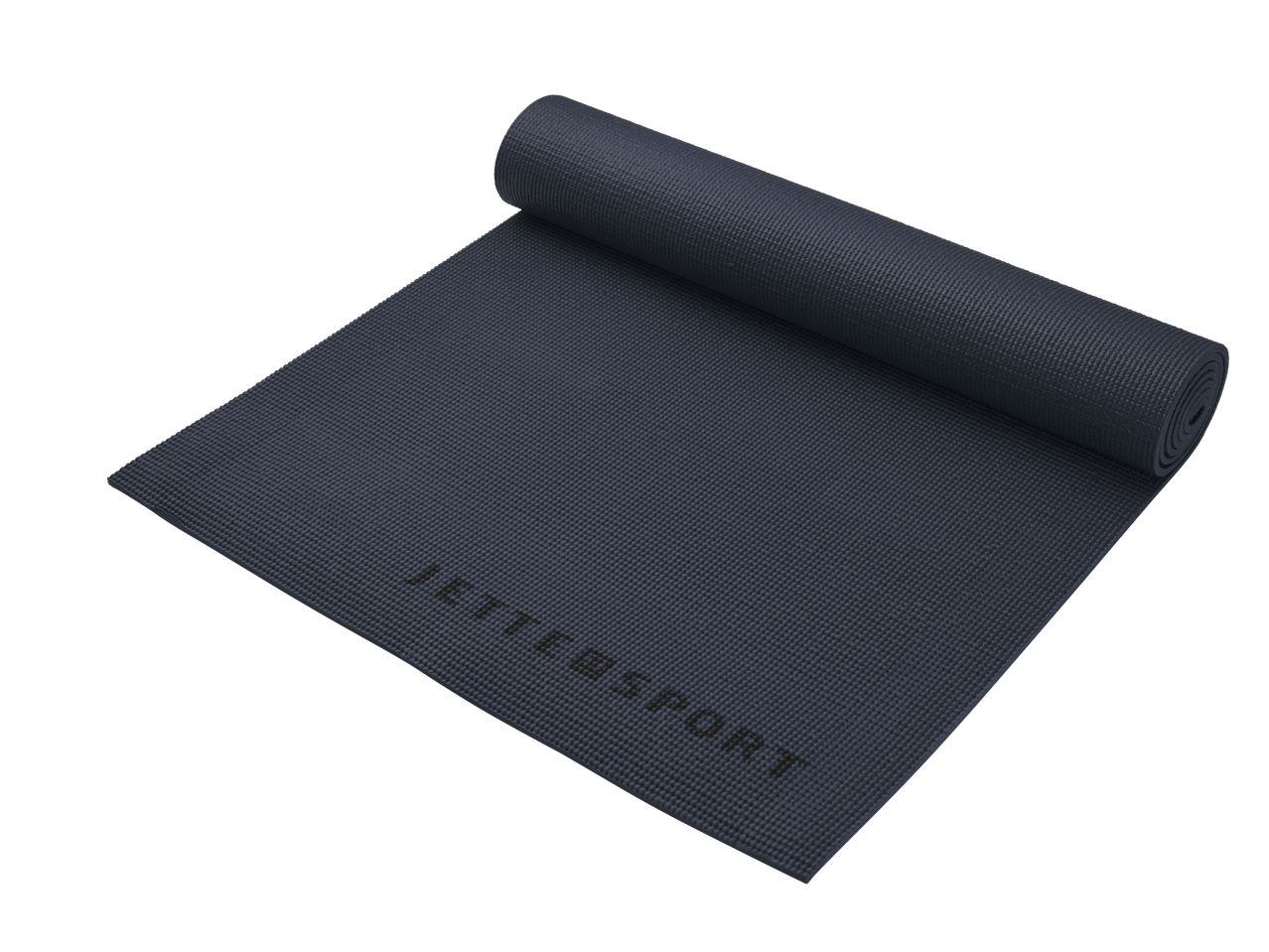 Tamsiai pilka Jettsport jogos kilimėlis yra iš dalies susuktas.