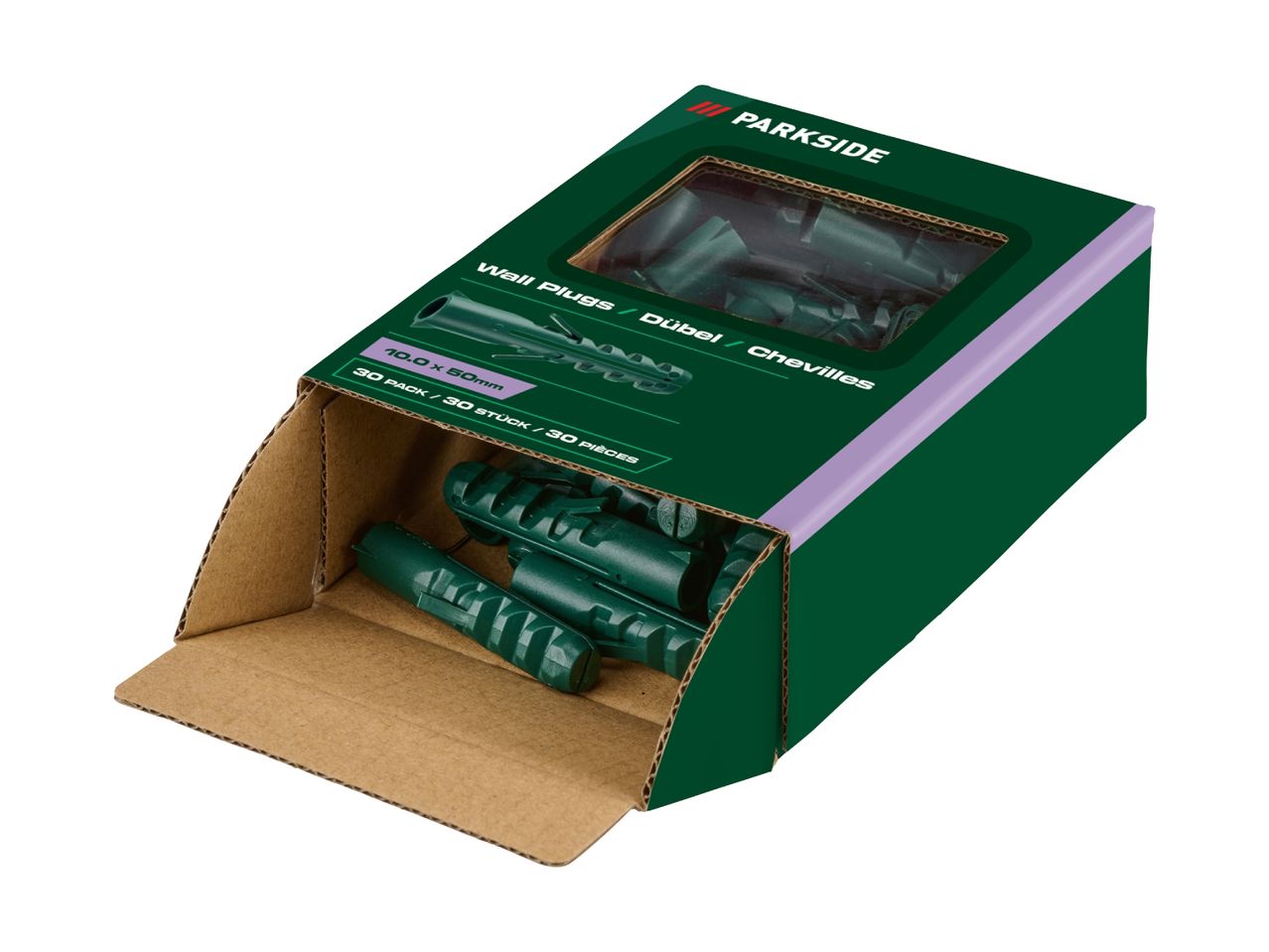 Open box of green wall plugs, 10.0 x 50mm, 30 pieces.