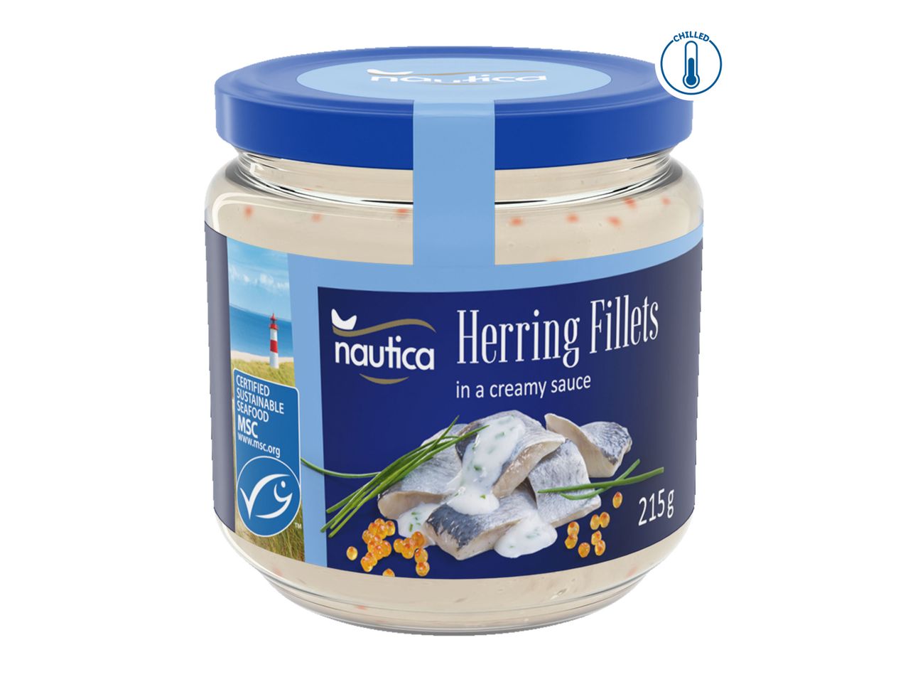 Nautica Herring Fillets in a creamy sauce, 215g jar, with a 'Chilled' label.