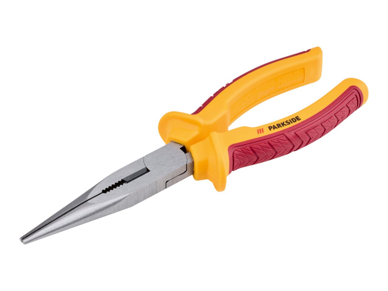 Red and yellow insulated long nose pliers with a serrated grip.