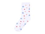 White socks with a colorful floral pattern in blue, red, and peach