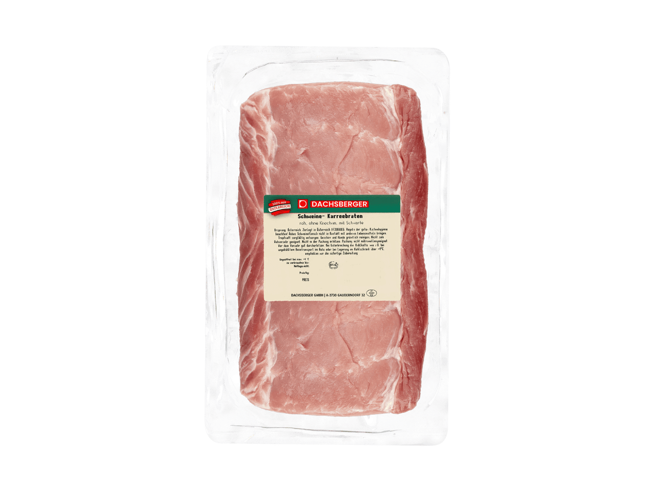 Dachsberger Schweine-Karreebraten, roh, ohne Knochen, mit Schwarte, in Vakuumverpackung