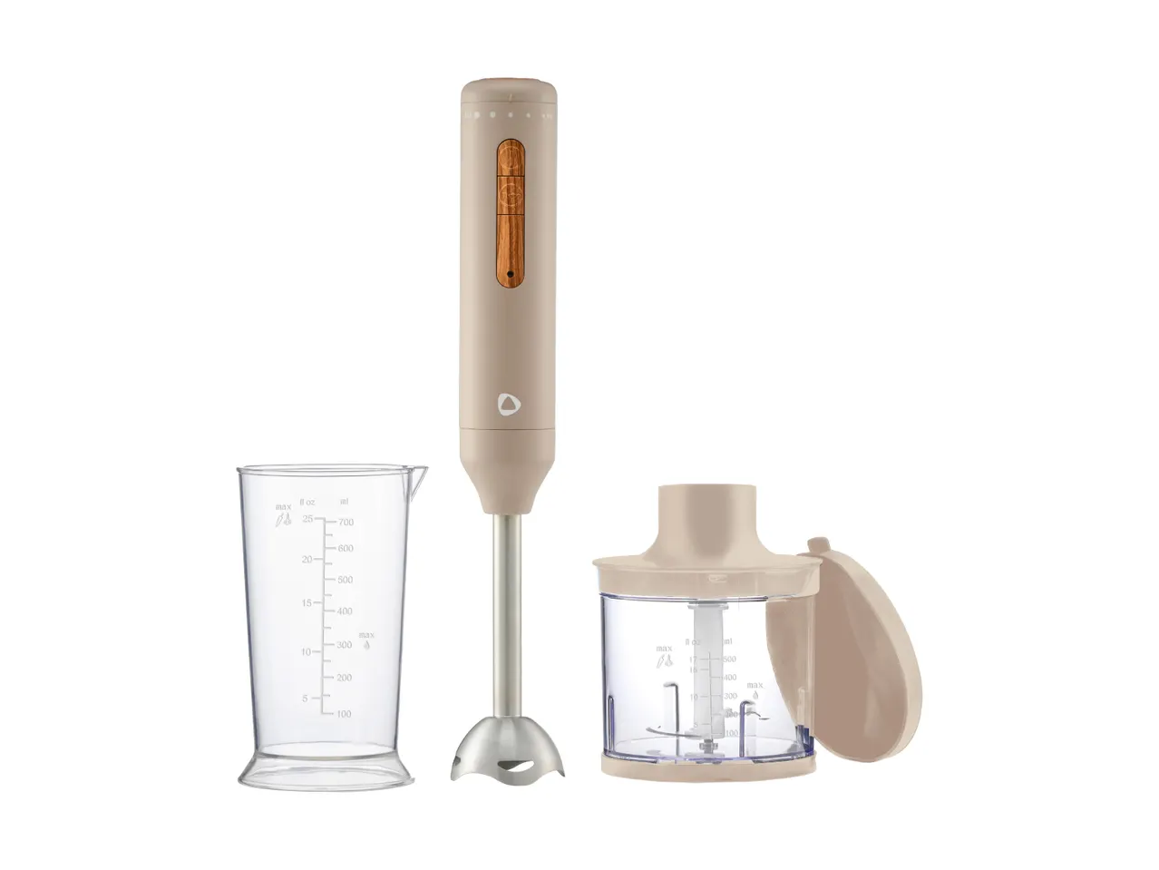 A beige immersion blender with a measuring cup and a food chopper attachment.