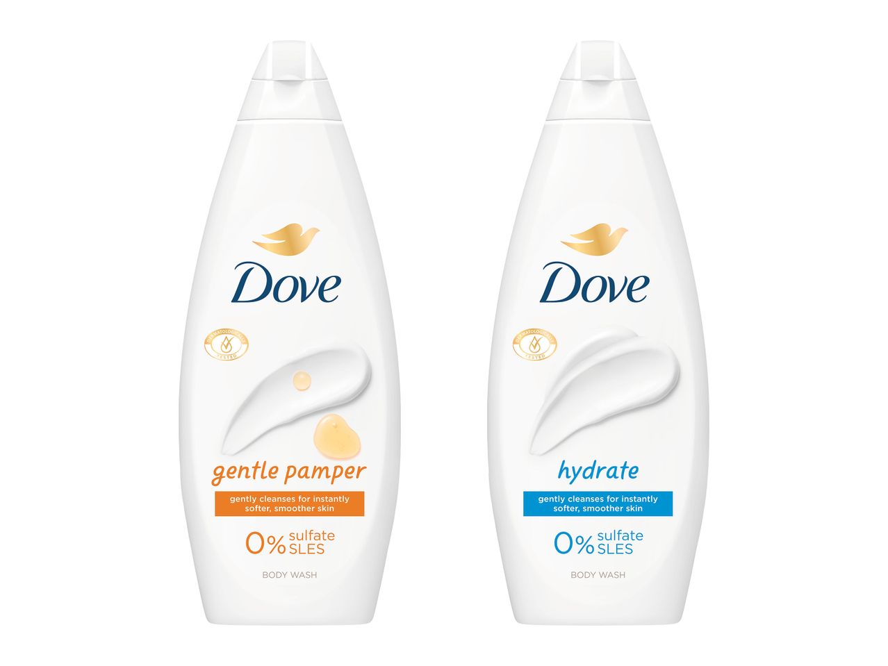 Două geluri de duș, unul pentru răsfăț delicat și unul pentru hidratare, ambele fără sulfați.