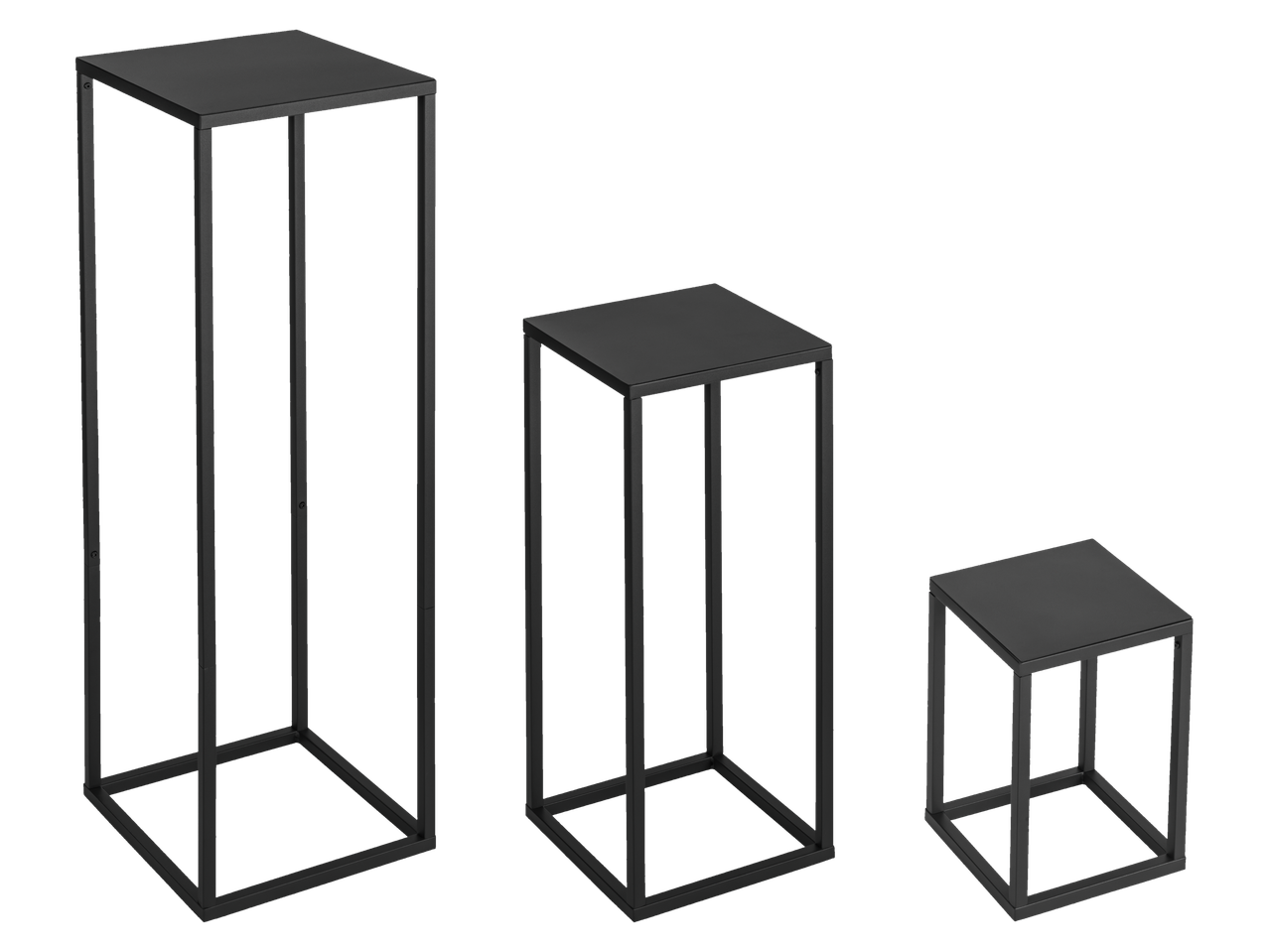 Livarno Home Deko-Ständer-Set: Drei schwarze Metallpodeste in verschiedenen Höhen.