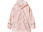 Rozā bērnu lietus jaka ar sirsniņu un punktiņu rakstu, kapuci, rāvējslēdzēju un atstarojošām detaļām.