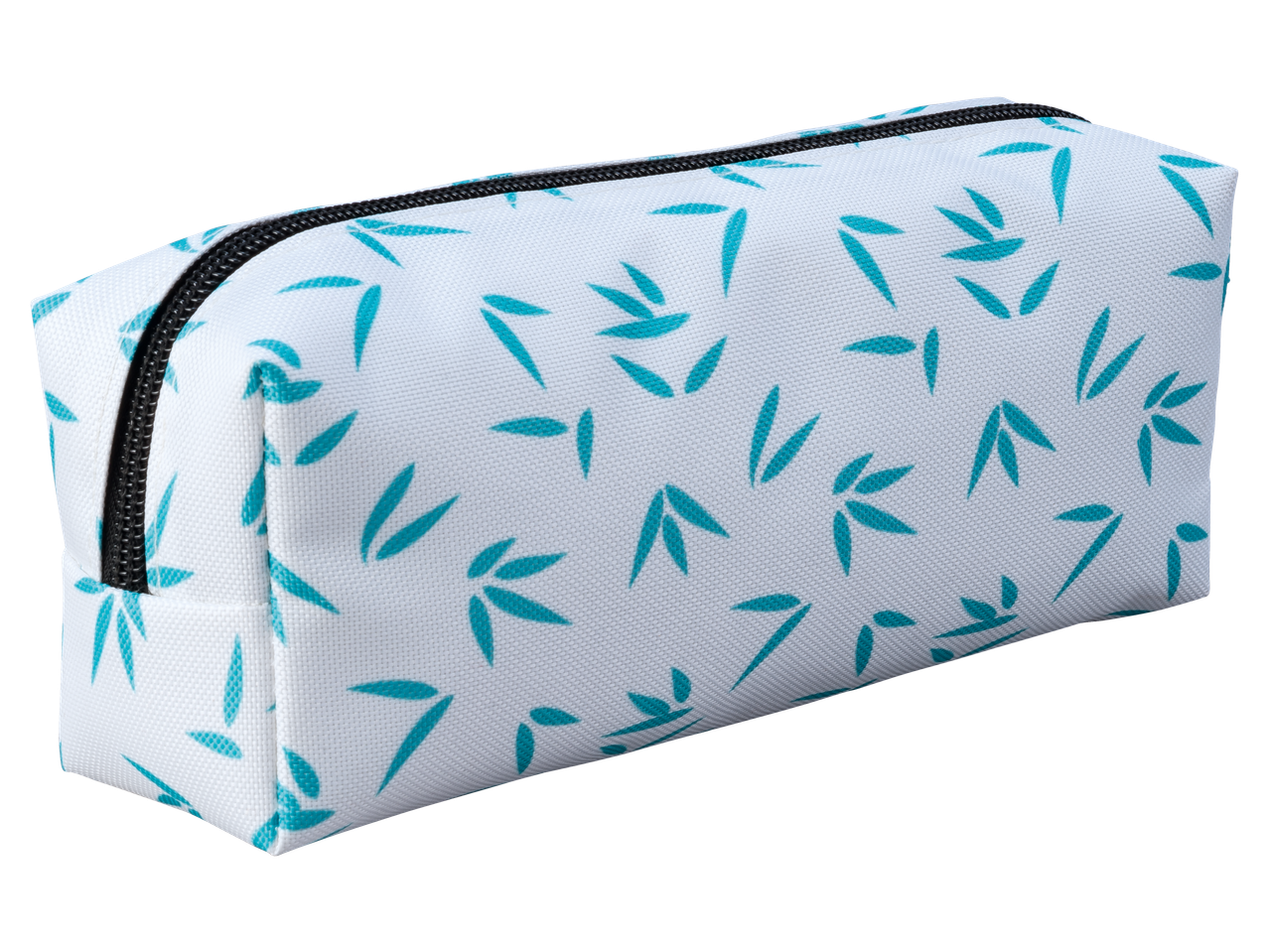 Crelando Pencil Case with a white background and teal bamboo leaf pattern