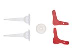 Two red plastic corner tools with numbers and two white sealant nozzles.