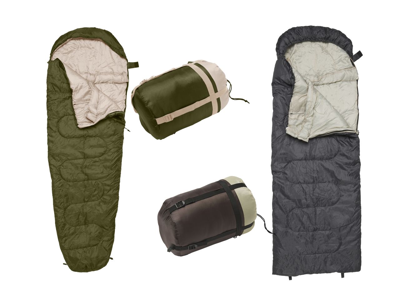 Zwei Schlafsäcke in Olivgrün und Grau, einer davon mit passendem Packsack, auf weißem Hintergrund.