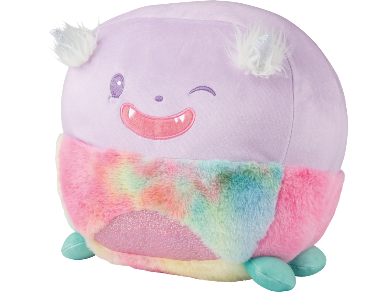 Purple plush toy with a winking face, fangs, fluffy ears, and a rainbow-colored body.