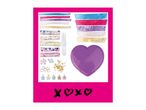 DIY hair scrunchie kit with colorful fabrics, beads, charms, and a heart-shaped case.