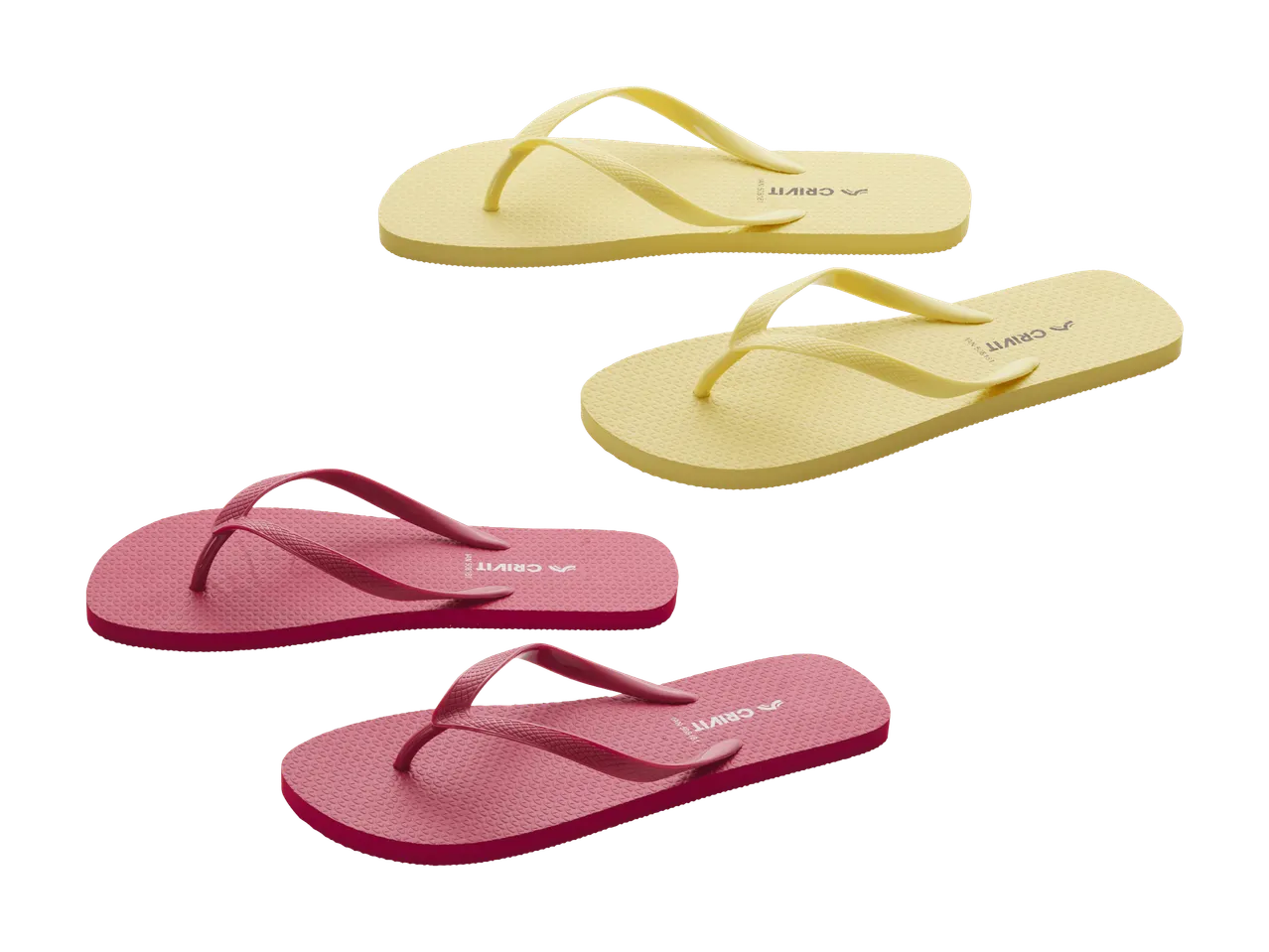 Zwei Paar gelbe und pinke Flip-Flops mit strukturierten Sohlen und Riemen.