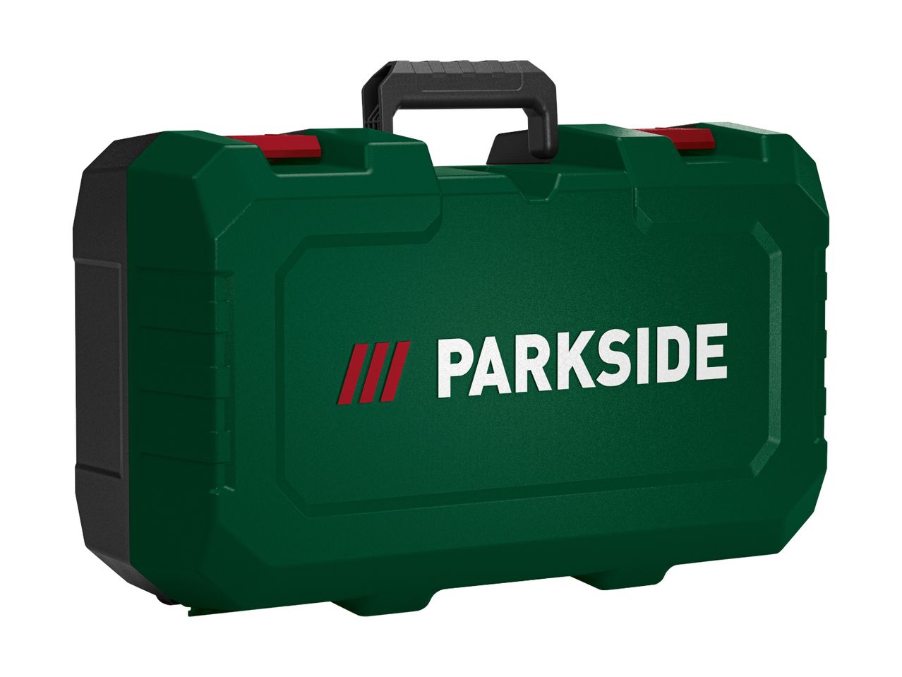 Green tool case with a black handle and red latches, featuring a white logo on the front.