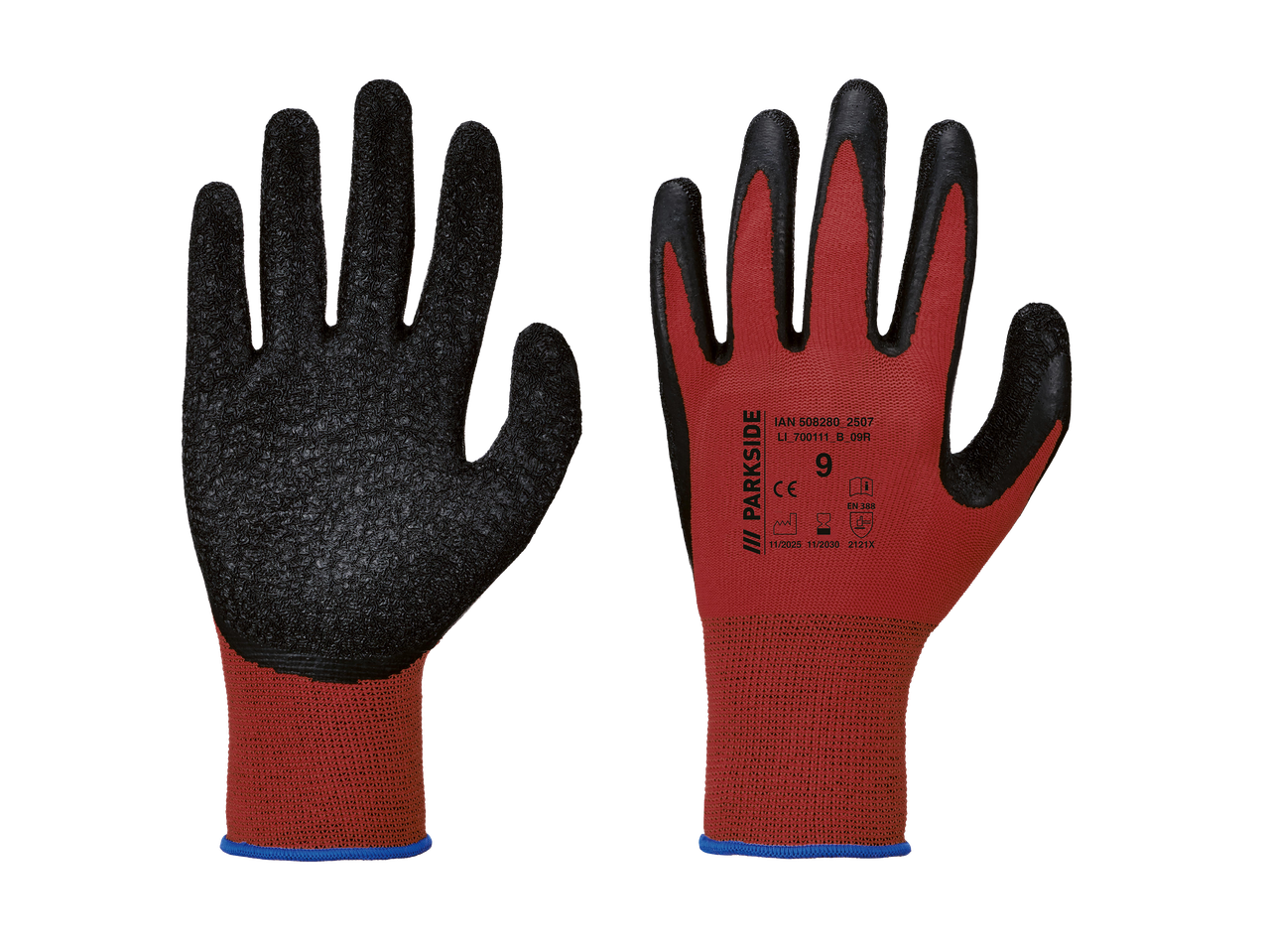 Piros és fekete munkakesztyűk, az egyik kesztyűn méret és biztonsági jelölések láthatók.