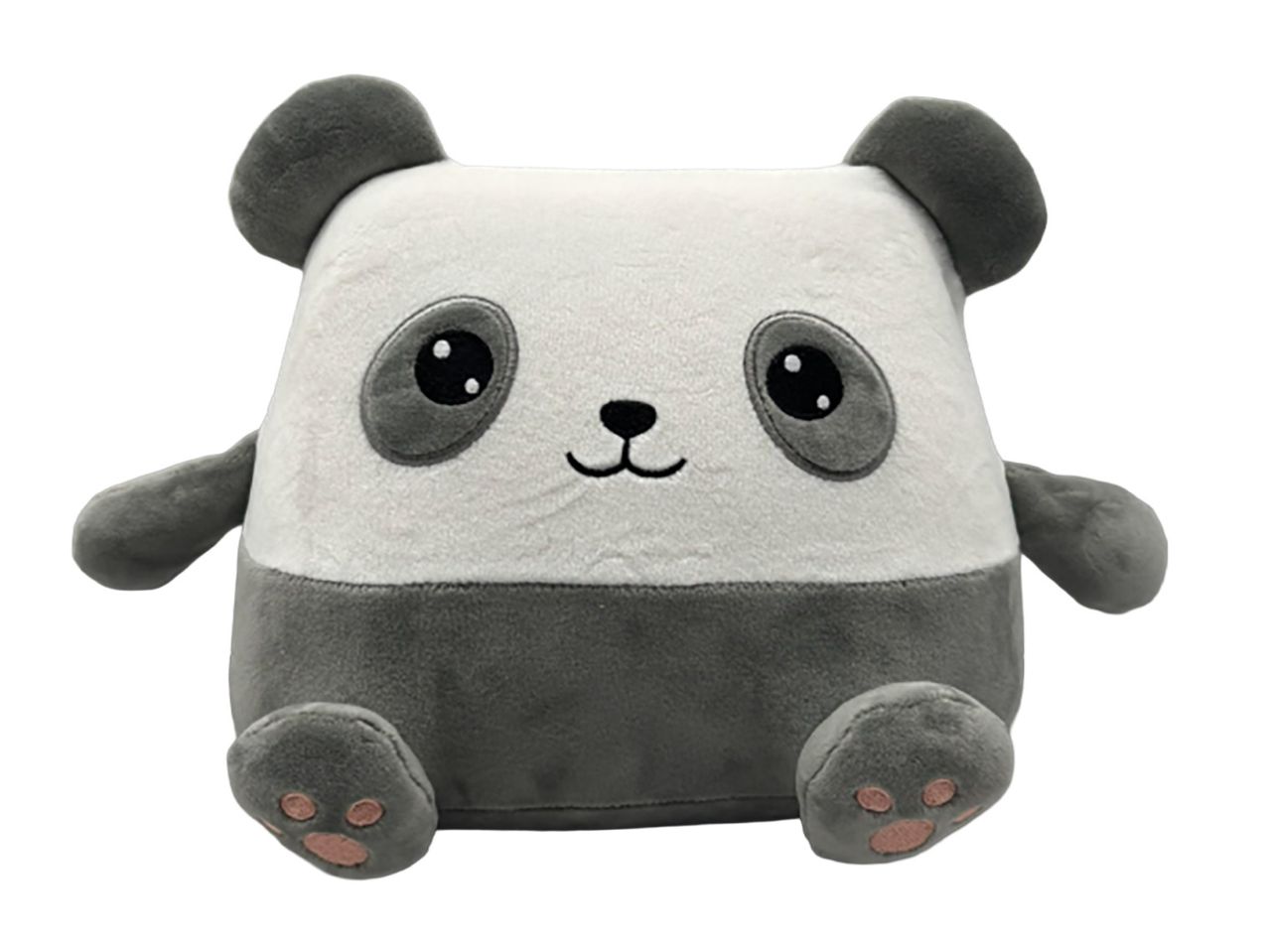 Soft toy panda with a white face, black eyes, and a black nose, sitting upright.