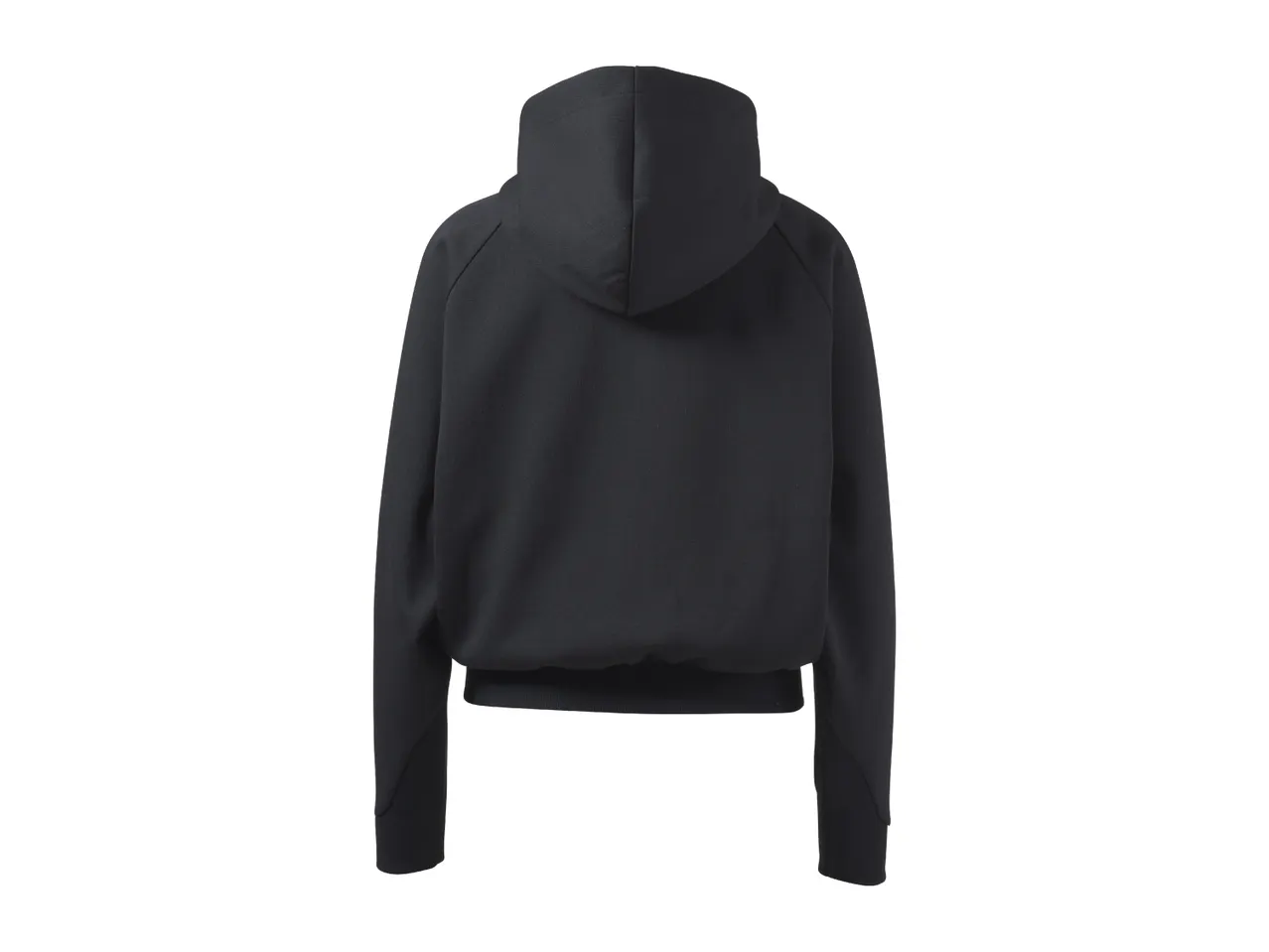 Black hoodie with a ribbed hem and cuffs, shown from the back.