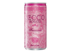 Розова газирана напитка в кен с надпис „Frizzante Rosato Secco“ и флорални мотиви.