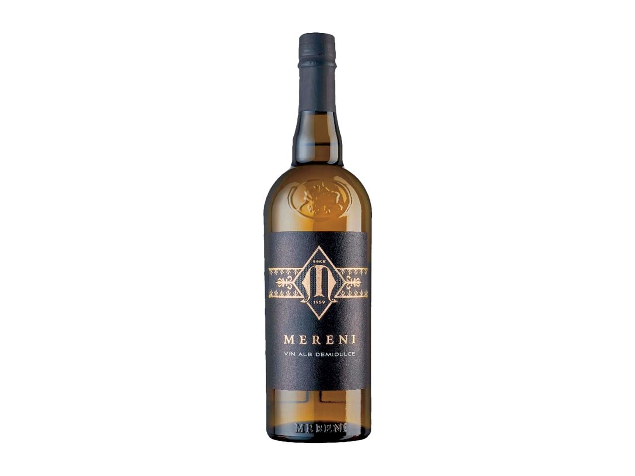 O sticlă de vin alb demidulce Mereni, cu etichetă neagră și detalii aurii.