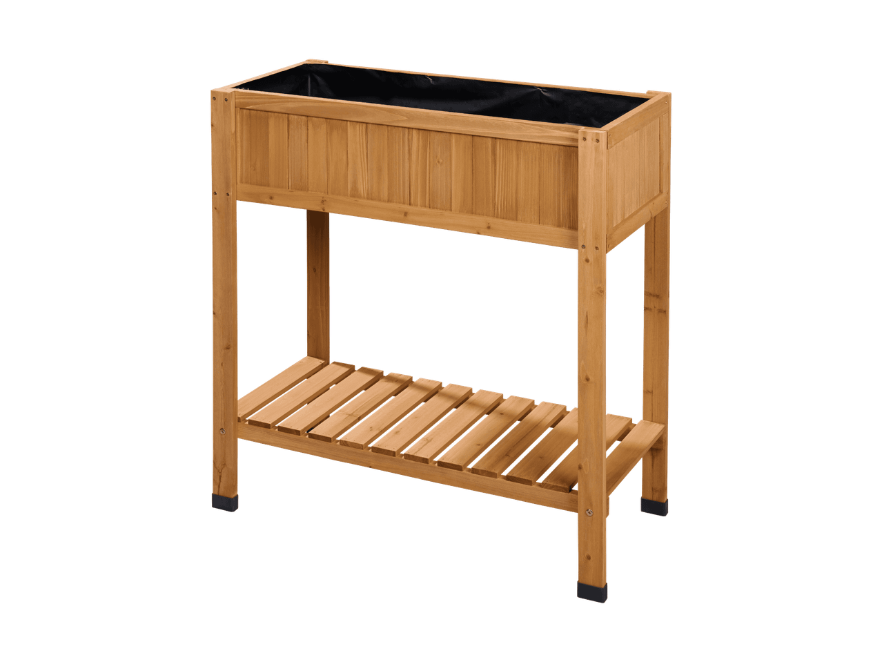 Jardinière surélevée en bois avec sac de plantation noir et étagère inférieure.