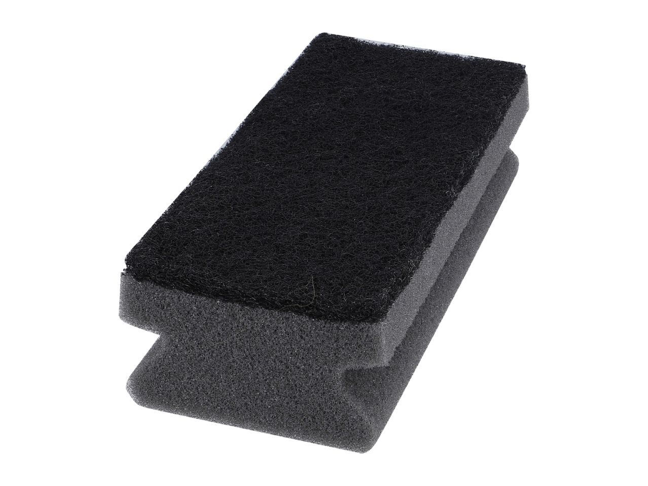 Black rectangular scrubbing sponge with a textured surface and a contoured handle.
