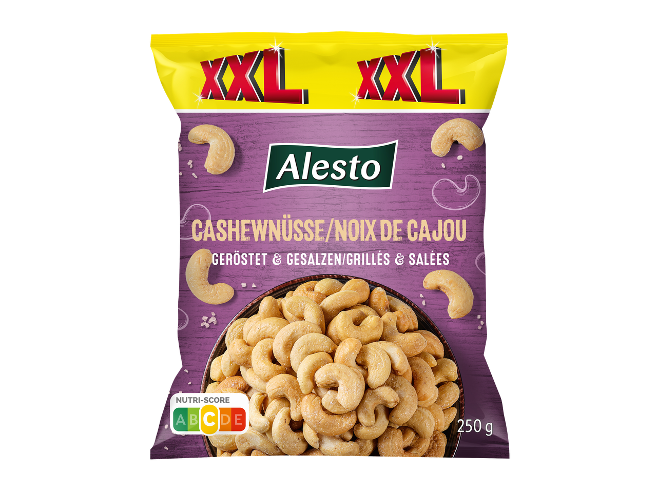 Un sachet de noix de cajou grillées et salées de 250 g avec le Nutri-Score C.