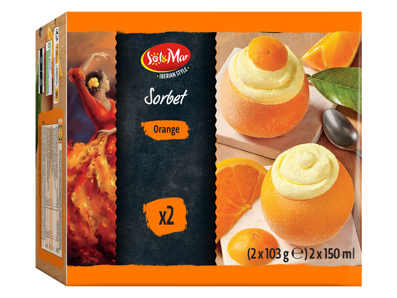 Sinaasappelsorbet in sinaasappelschillen, met flamencodanseres en productdetails.