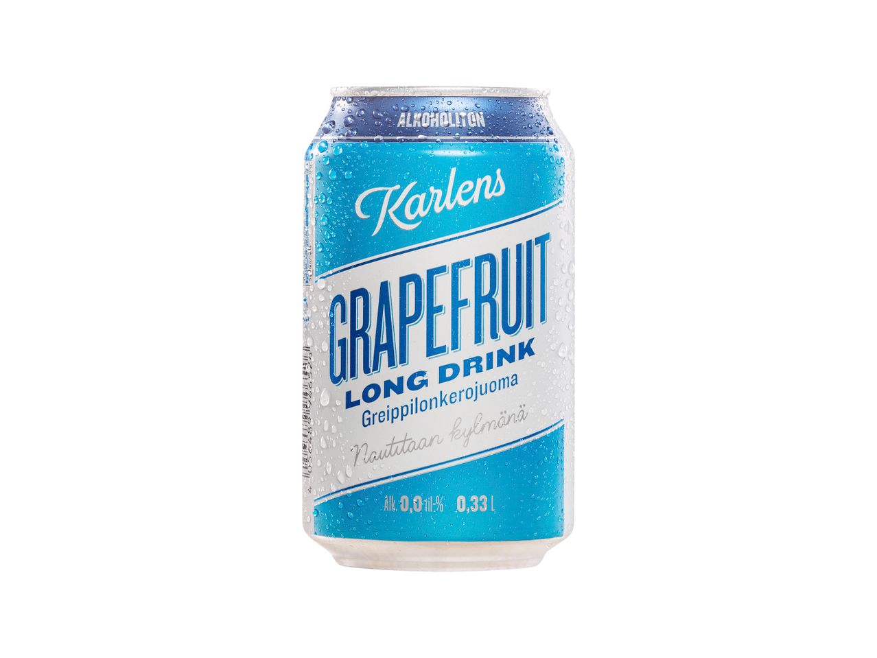 Karlens Grapefruit Long Drink -juomatölkki, jossa on vesipisaroita.