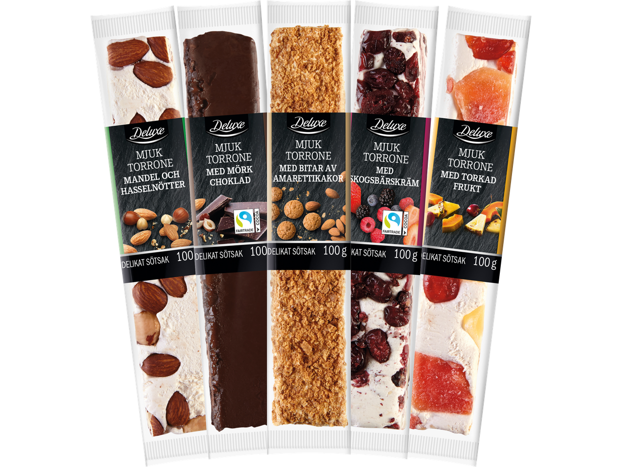Fem mjuka torronestänger med olika smaker: mandel och hasselnöt, mörk choklad, amarettikakor, skogsbärskräm och torkad frukt.