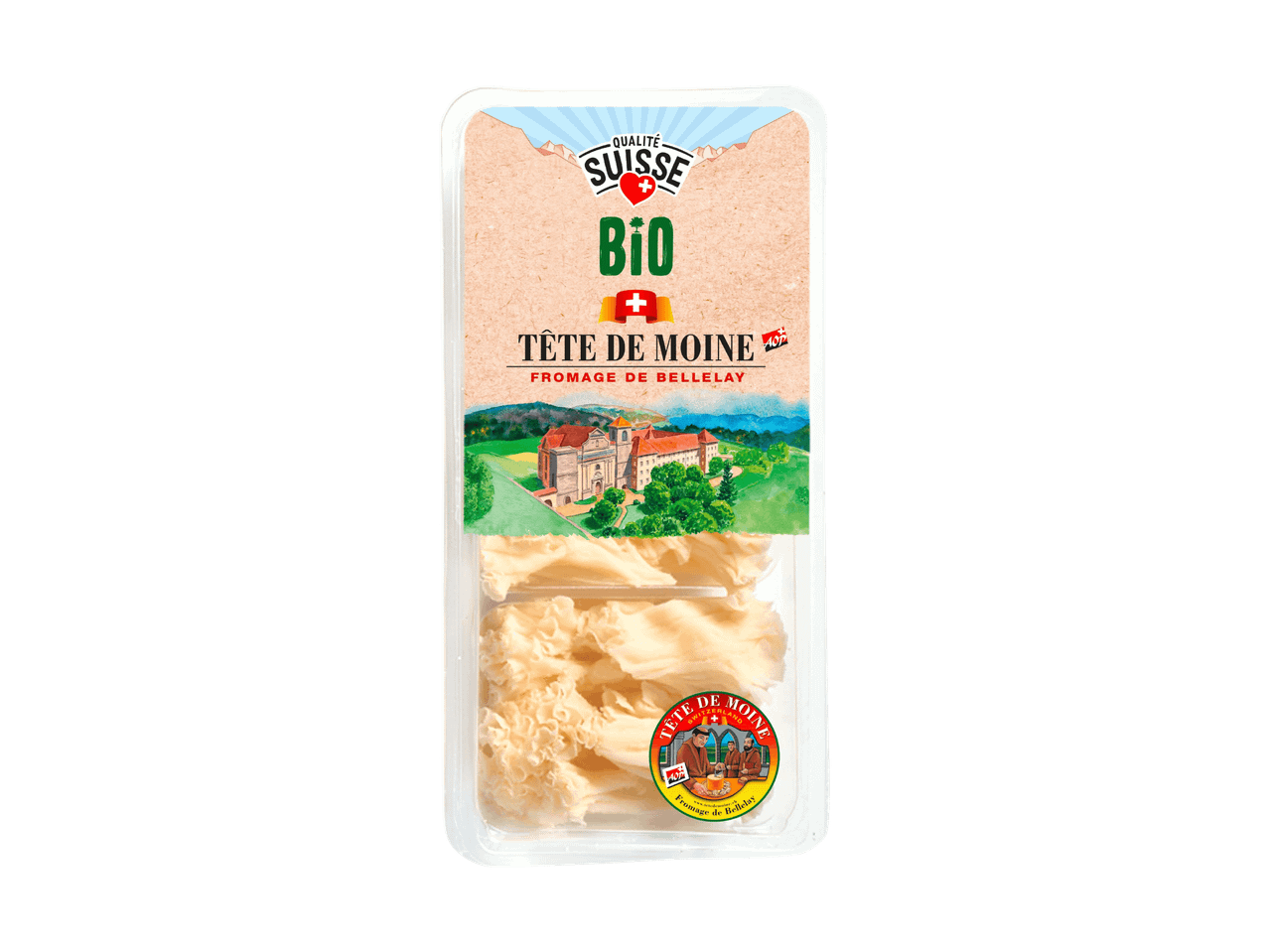 Paquet de fromage Tête de Moine biologique, avec une étiquette représentant un monastère.