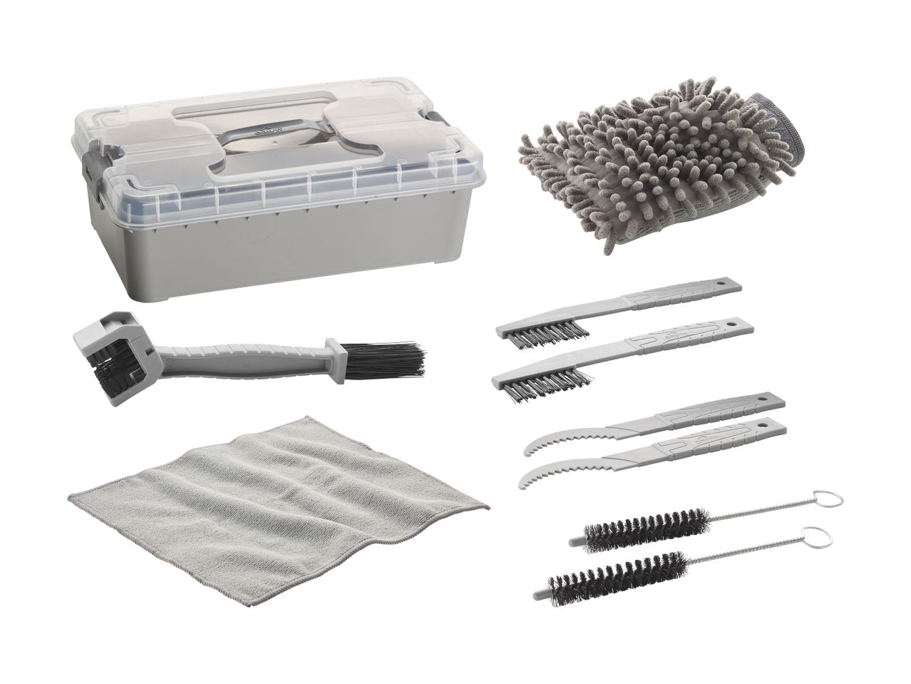 Ein Set an Reinigungswerkzeugen für Fahrräder, inklusive Bürsten, Tuch und Aufbewahrungsbox.