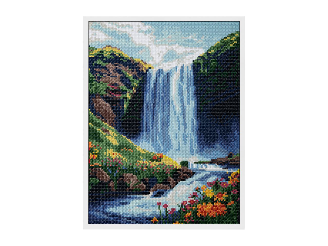 Cross-stitch art of a vibrant waterfall scene with lush greenery and colorful flowers.